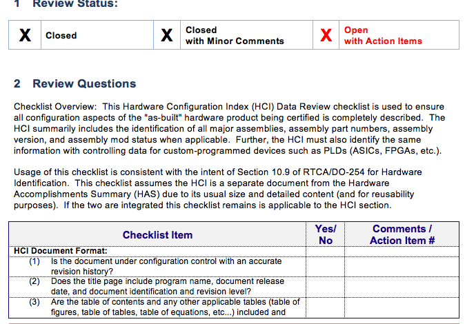 DO-254 Configuration Index Checklist (HCI)